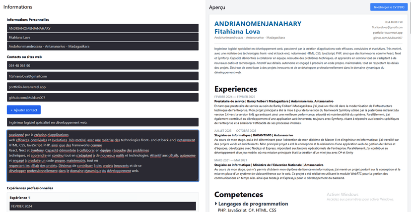 It's a React application that lets you create, preview and download a personalized PDF CV in real time.