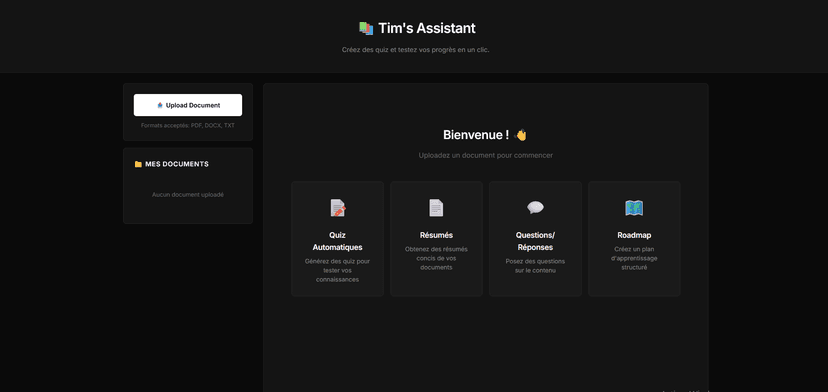 Web-based educational assistance application integrating AI to help students with their studies. It allows users to upload academic documents, analyze them automatically, and generate personalized quizzes, summaries, learning roadmaps, and a conversational assistant to answer questions about the content.